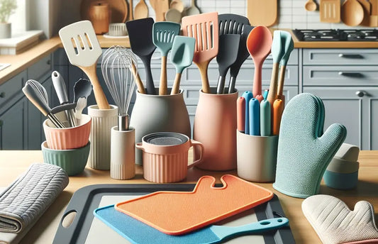 Food grade silicone kitchen utensils in various colors
