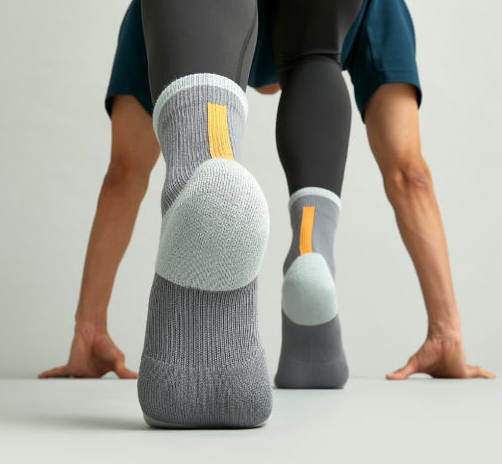 Athlete wearing crew-length sports socks with cushioned heel and arch support during outdoor workout
