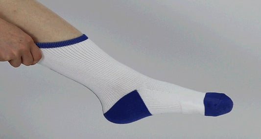 Side view of person putting on a right-angle sock