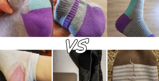Side-by-side comparison of worn-out cheap sock with loose threads vs. high-quality sock with clean structure