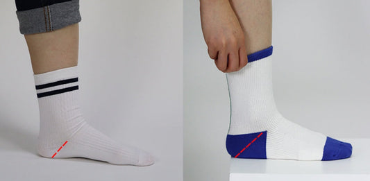 Showing comparison of fit between a tube sock and right-angle sock on a foot