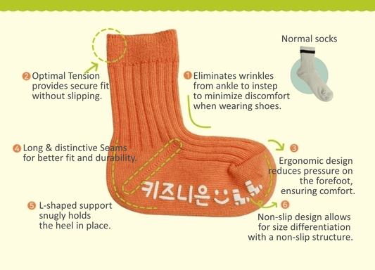 Close-up of WONSocks children’s socks showing 90-degree ergonomic design and ribbed ankle for snug fit
