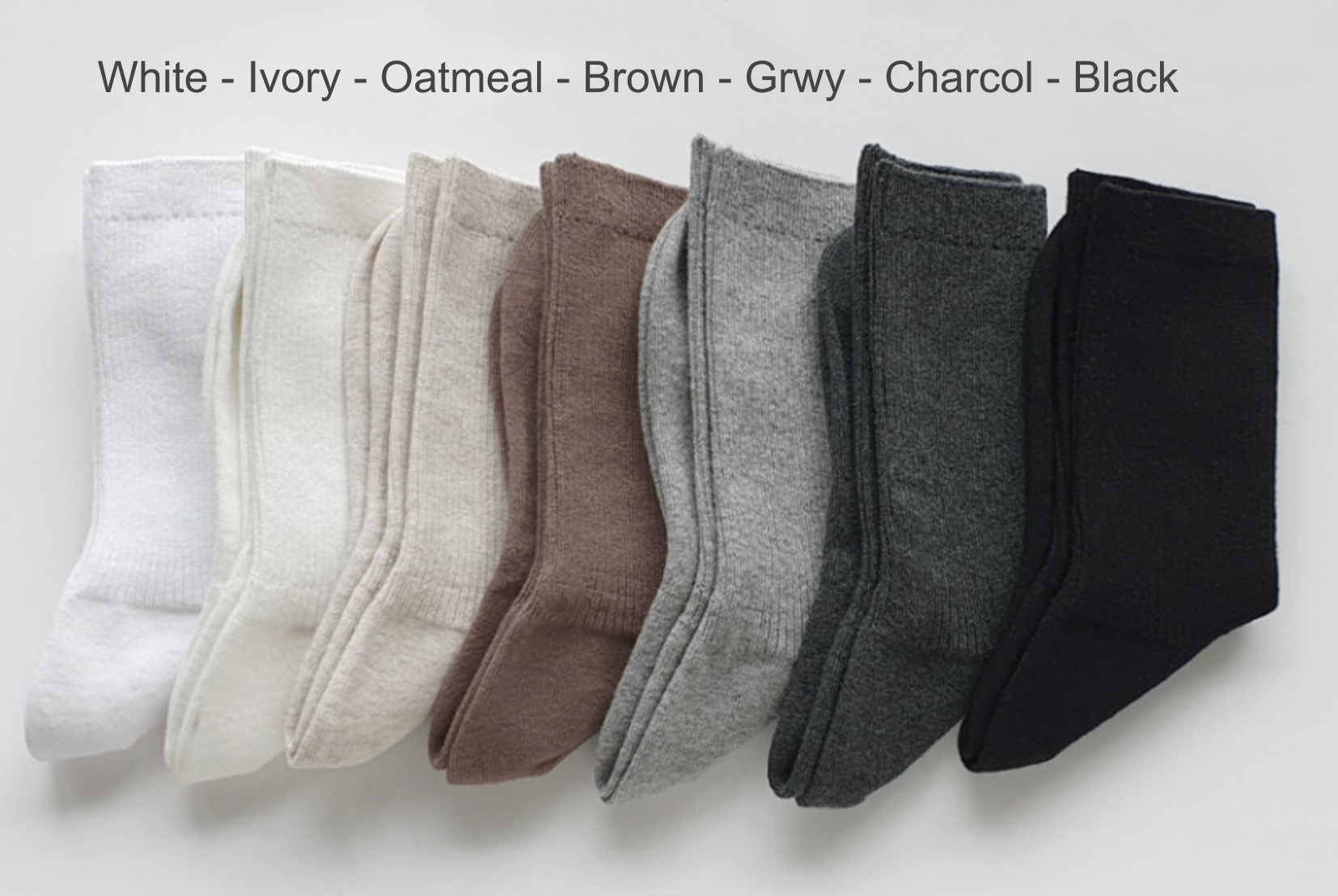 7 colours of wrinkle-free L-shaped socks – white, grey, black, oatmeal, brown, ivory, charcoal
